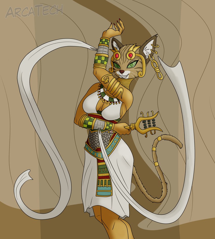 anthro clothing female gaming green_eyes musical_instrument tail arcatech age_of_mythology egyptian_mythology middle_eastern_mythology mythology bast deity domestic_cat felid feline felis mammal absurd_res hi_res