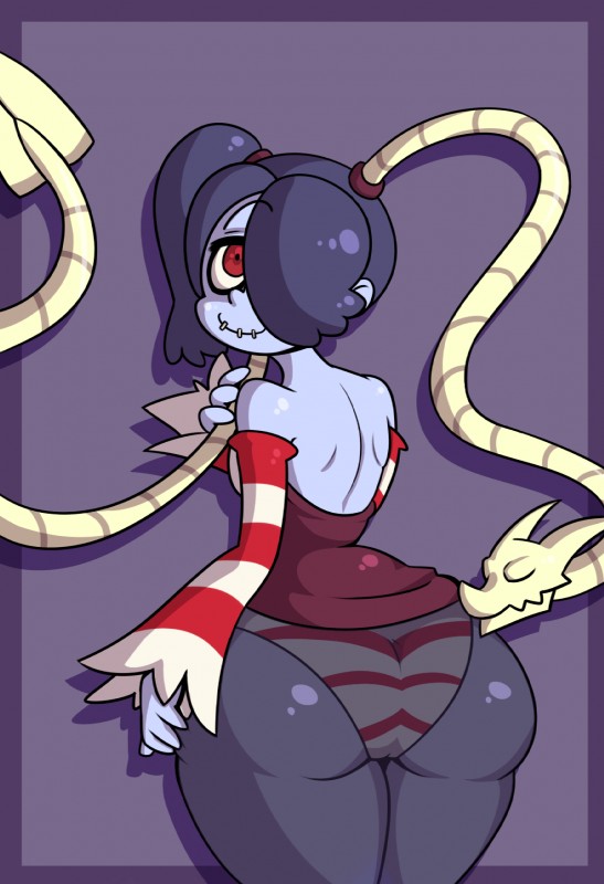 big_butt blue_hair bubble_butt butt clothing duo female hair huge_butt larger_female looking_back panties red_eyes sewn_mouth size_difference smile solo underwear wide_hips cerealharem skullgirls leviathan_(skullgirls) squigly chimera humanoid undead zombie hi_res