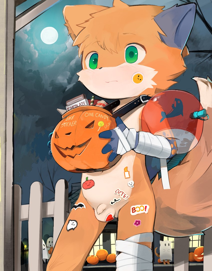 anthro balls biped countershade_face countershade_fur countershade_torso countershading fingers flaccid foreskin fur genitals green_eyes holidays humanoid_genitalia humanoid_penis jack-o'-lantern kemono male moon orange_body orange_fur penis shota solo tail text young young_anthro yupa halloween jaberwocky canid canine fox mammal english_text hi_res