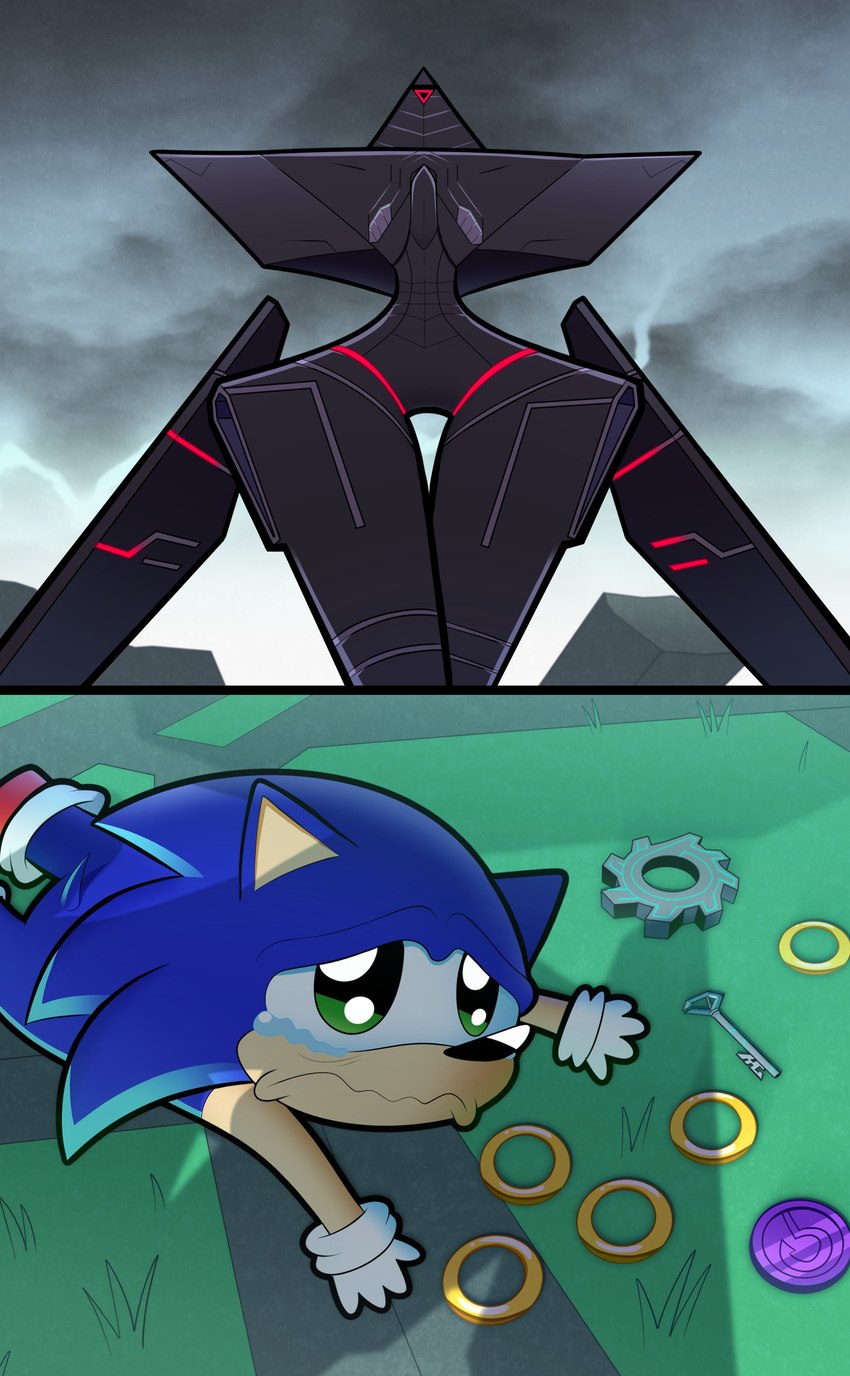 anthro blade blade_arm crossed_legs duo female floating_hands looking_up machine male size_difference small_waist thick_thighs wasp_waist wide_hips galaxy_cowboy apu_spills_his_nuggies sega sonic_frontiers sonic_the_hedgehog_(series) ninja_(sonic_frontiers) sonic_the_hedgehog eulipotyphlan hedgehog humanoid mammal robot robot_humanoid absurd_res comic hi_res meme