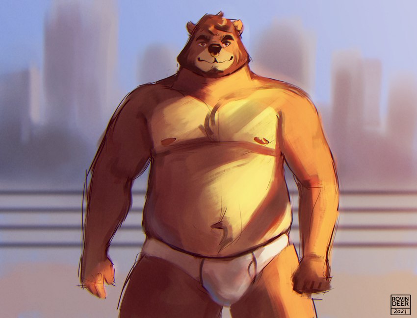 anthro belly bulge clothing detailed_background humanoid_hands male moobs navel nipples outside overweight overweight_male solo underwear rovindeer gabriel_(rovindeer) bear mammal 2021 absurd_res hi_res