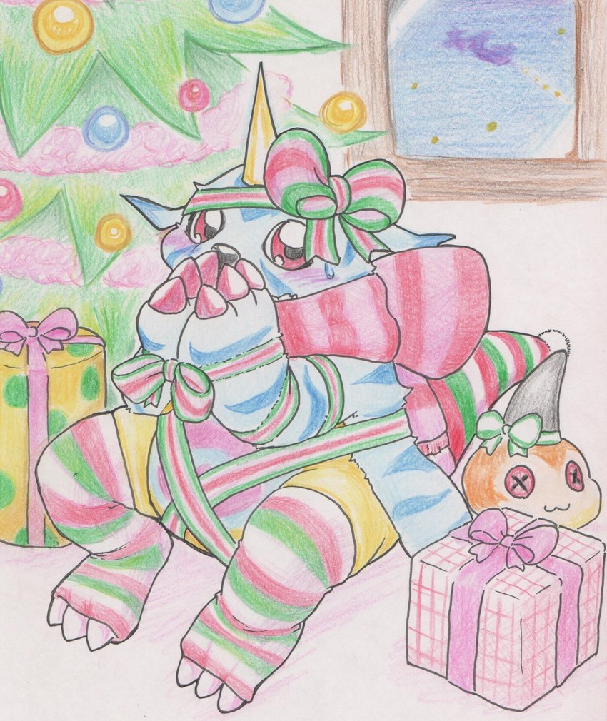 animal_skin anthro belly blush claws gift_wrapped horn male plushie red_eyes slightly_chubby solo tabasukotrr bandai_namco digimon digimon_(species) gabumon tsunomon hi_res traditional_media_(artwork)