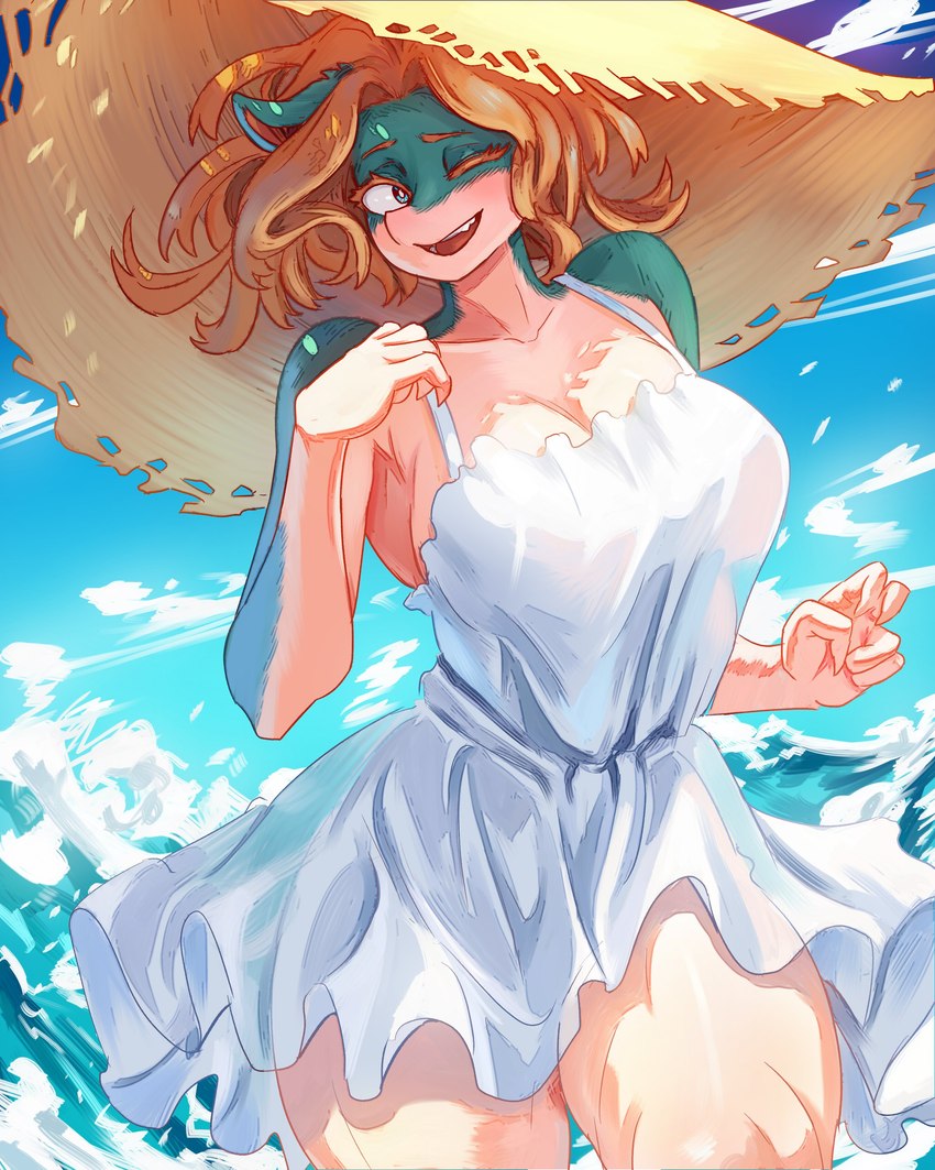 anthro bare_shoulders big_breasts blonde_hair breasts cleavage clothed clothing dress eyelashes female hair hat headgear headwear one_eye_closed smile solo standing straw_hat thick_thighs water white_clothing white_dress wink vlizz my_hero_academia ippan_josei quirked_human_(my_hero_academia) 4:5 absurd_res hi_res