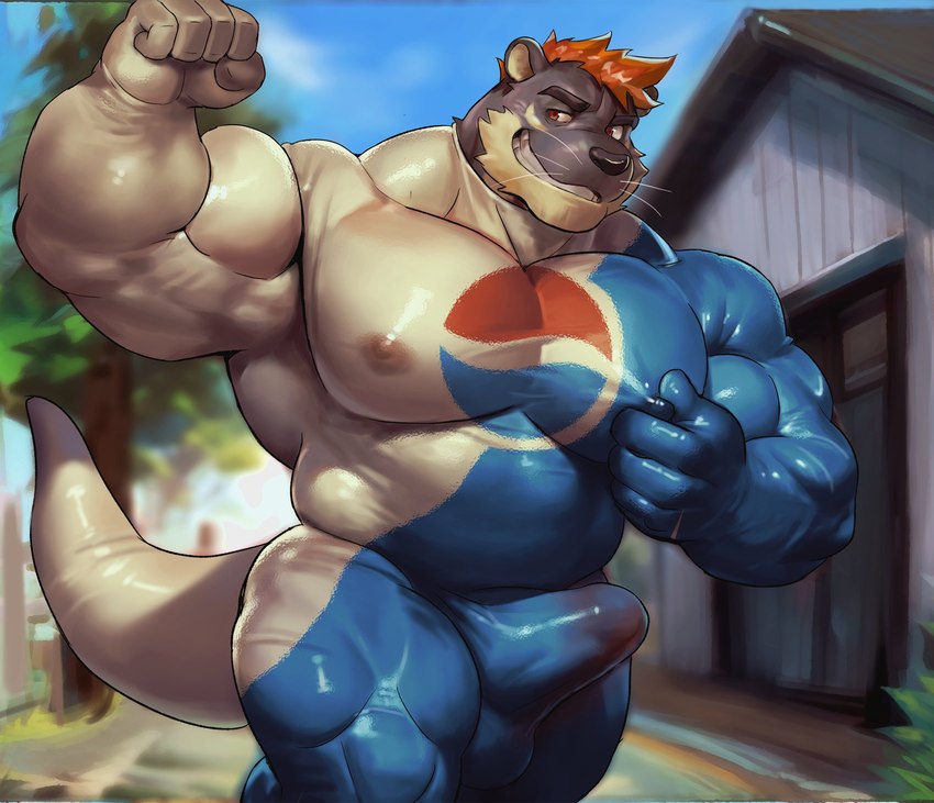 anthro balls_outline barazoku belly biceps big_bulge big_muscles blurred_background bodily_fluids building bulge clothing cosplay day detailed_background detailed_bulge erection erection_under_clothing eyebrows fence flexing fur genital_fluids genital_outline hair house huge_bulge huge_muscles huge_thighs kemono logo male manly musclegut muscular muscular_anthro muscular_male narrowed_eyes nipple_fetish nipple_outline nipple_pinch nipple_play outside pec_squish pecs penis_outline pinch plant precum precum_through_clothing quads running skinsuit smile solo squish teeth tenting thick_thighs tight_clothing tree tuft wet wet_clothing whiskers episode0006 pepsi blitzkriegotter pepsiman_(character) mammal mustelid otter 2024 hi_res