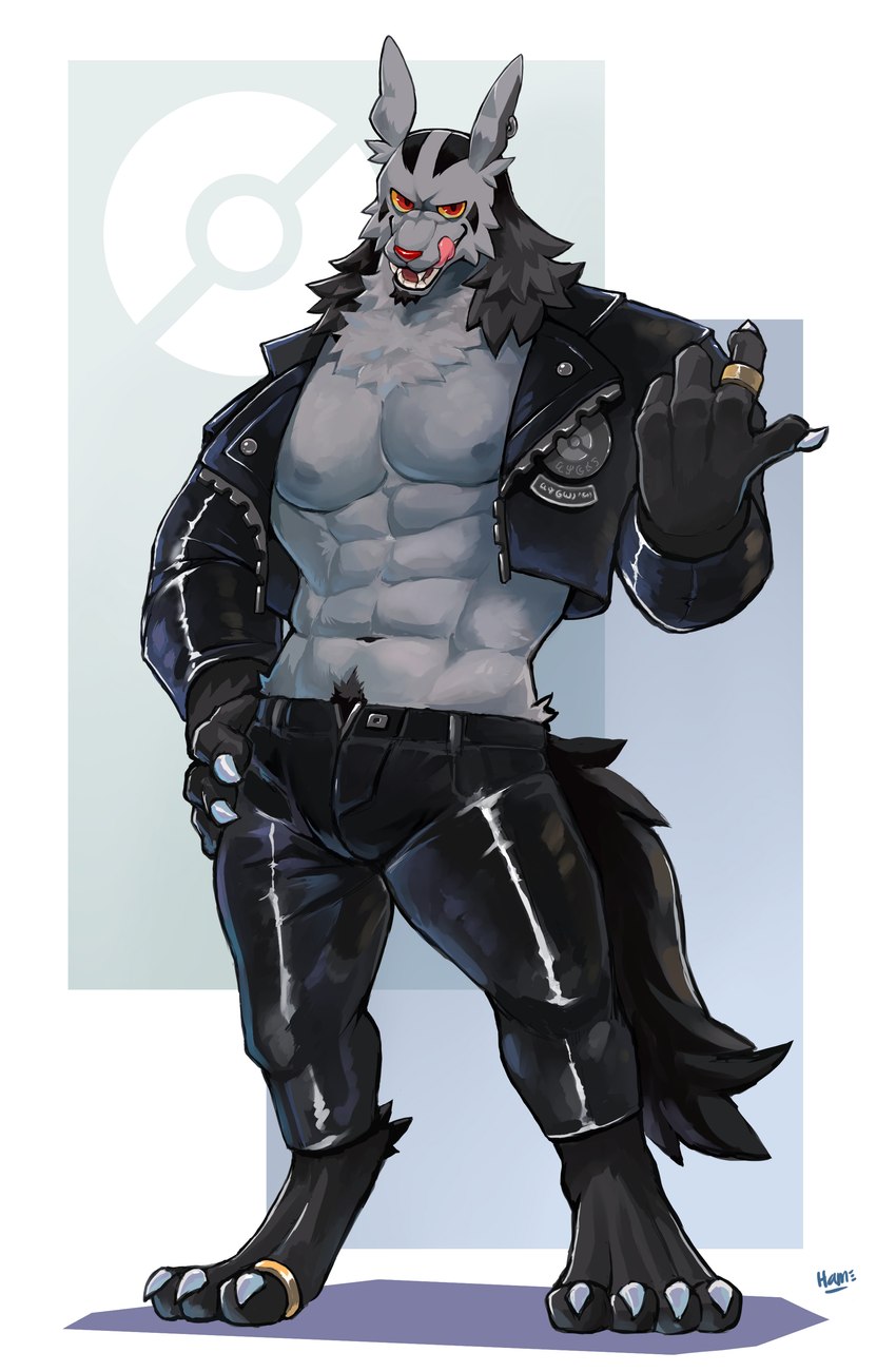 abs anthro black_body black_fur bottomwear claws clothed clothing digit_ring digitigrade ear_piercing feet finger_ring fur grey_body grey_fur jacket jewelry leather leather_bottomwear leather_clothing leather_jacket leather_pants leather_topwear male muscular muscular_anthro muscular_male neck_tuft nipples open_clothing open_topwear pants pecs piercing red_eyes ring ring_(jewelry) simple_background solo tail toe_ring toes topwear tuft white_background yellow_sclera dark-dusk dark4202n nintendo pokemon canid canine canis generation_3_pokemon mammal mightyena pokemon_(species) absurd_res hi_res