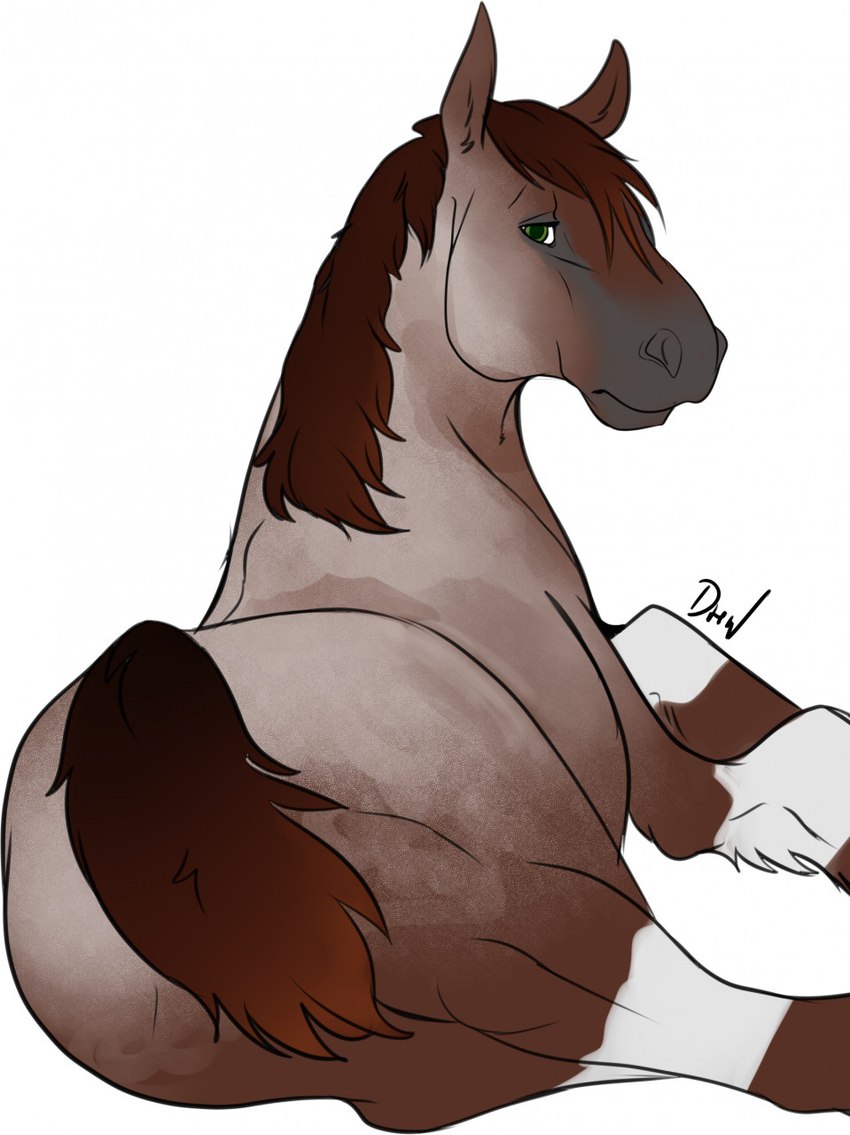 ambiguous_gender brown_hair brown_mane brown_tail feral green_eyes hair looking_at_viewer looking_back lying mane multicolored_body on_side short_tail simple_background solo tail two_tone_body kaeaskavi trent_(wasen) equid equine horse mammal digital_media_(artwork) hi_res