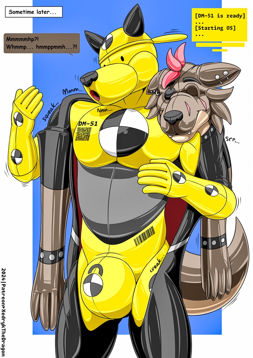 after_transformation bound criminal dronesuit dummy encasement hero latex male null_bulge punishment toysuit transformation 1234hdpa hr xedryk canid canine canis goo_creature hyena mammal wolf hi_res