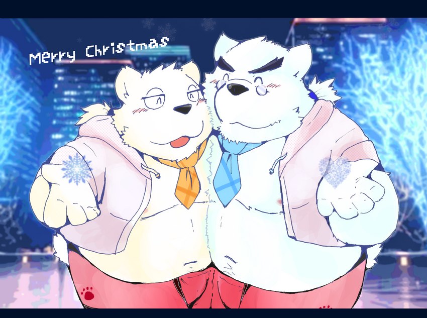 anthro belly blush clothing duo eyewear glasses holidays hoodie hug kemono male male/male moobs navel necktie night nipples outside overweight overweight_male topwear snow_utamaru christmas bear mammal polar_bear ursine 2022 hi_res letterbox