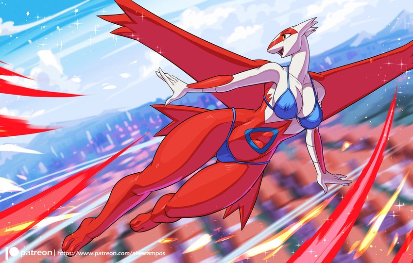 anthro bikini blue_bikini blue_clothing blue_swimwear breasts building butt butt_from_the_front clothing feet female fingers flying navel open_mouth open_smile outside red_body smile solo swimwear thick_thighs two-piece_swimsuit white_body yellow_eyes alanscampos nintendo pokemon generation_3_pokemon latias legendary_pokemon pokemon_(species) 2024 digital_media_(artwork) hi_res