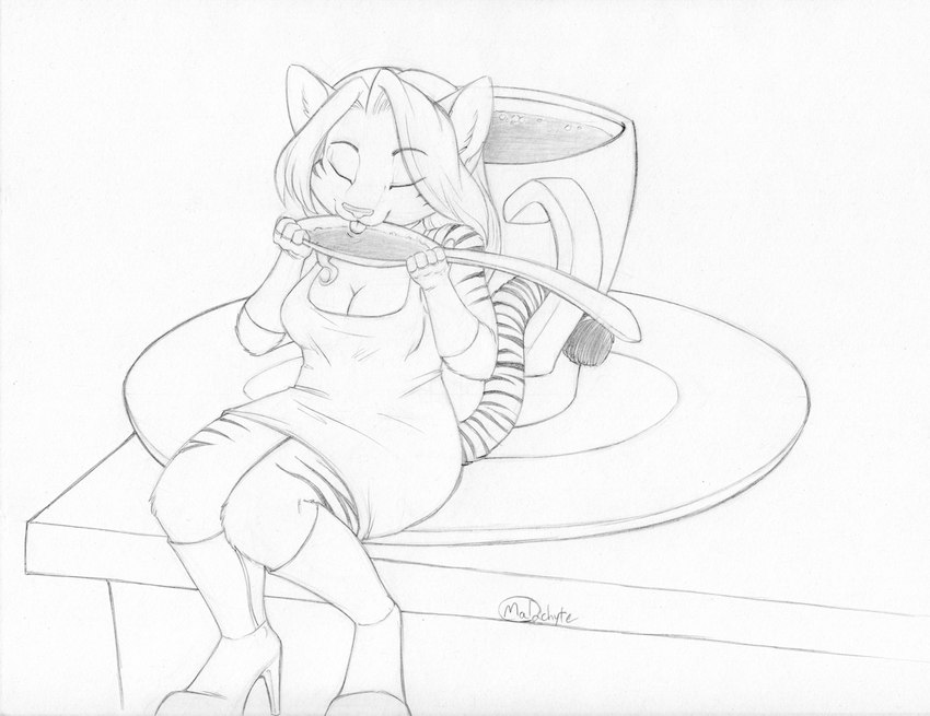 anthro beverage biped black_stripes boots breasts cheek_tuft cleavage clothed clothing coffee coffee_cup container cup cutlery dress drinking eyebrows eyes_closed facial_tuft female footwear front_view hair high_heeled_boots high_heels holding_spoon inner_ear_fluff kitchen_utensils lapping long_hair micro on_plate shoes sitting solo spoon striped_body stripes tongue tongue_out tools tuft malachyte deirdra felid mammal pantherine tiger 2015 black_and_white monochrome traditional_media_(artwork) herm_(lore)