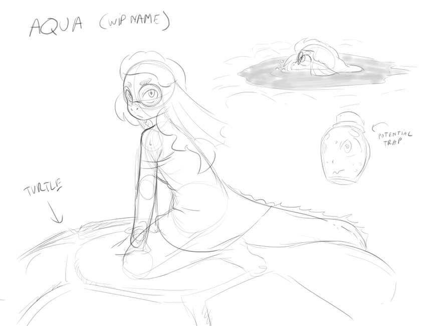 anthro clothing container dress eyewear female glasses jar simple_background solo swimming text underwater water robin_dassen waffleverse aqua_(waffleverse) amphibian axolotl elemental_creature marine mole_salamander salamander water_creature english_text sketch