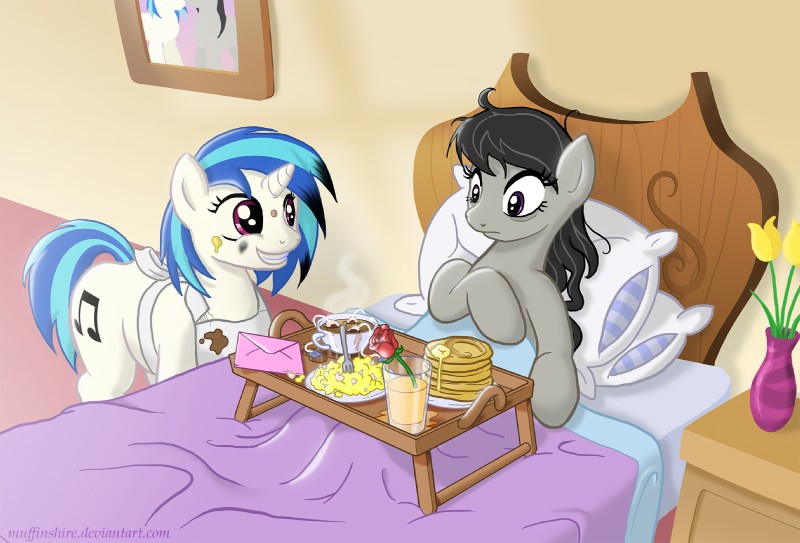 apron bed bed_head beverage black_hair blue_hair breakfast_in_bed burnt_hair butter candy chocolate clothing container cup cutie_mark cutlery dairy_products dessert duo female feral flower food fork fur furniture grey_body grey_fur hair high-angle_view horn hot_chocolate inside juice_(beverage) kitchen_utensils letter lying marshmallow messy_hair multicolored_hair orange_juice pancake pillow plant purple_eyes rose_(flower) smile syrup tools tray two_tone_hair vase muffinshire friendship_is_magic hasbro my_little_pony mythology octavia_(mlp) vinyl_scratch_(mlp) earth_pony equid equine horse mammal mythological_creature mythological_equine pony unicorn 2012 hi_res