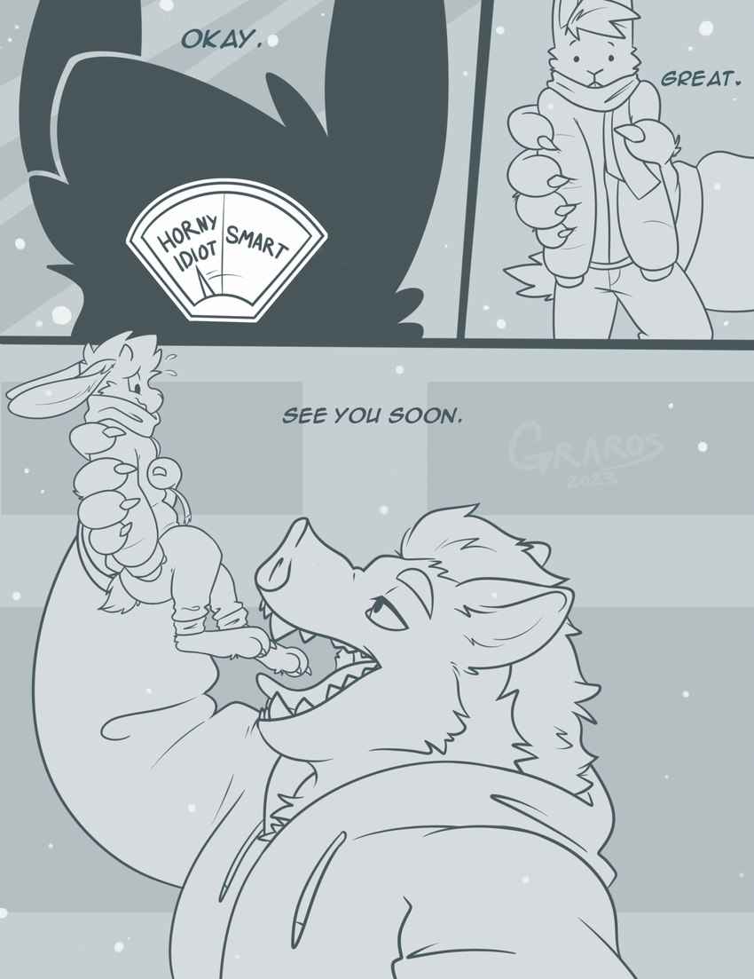 anthro claws clothed clothing dialogue duo fatal_vore grabbing imminent_vore male male/male male_prey open_mouth oral_vore outside size_difference snow teeth text tongue vore graros graros_(graros) lagomorph leporid mammal rabbit suid suine sus_(pig) wild_boar 2023 blue_and_white comic digital_media_(artwork) english_text hi_res monochrome