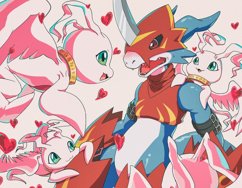 anthro armor belt blue_body blue_eyes blush claws clothing crop_top featureless_crotch group headgear heart_symbol helmet male pink_body red_eyes shirt straps topwear kubota_keita bandai_namco digimon digimon_(species) flamedramon marineangemon