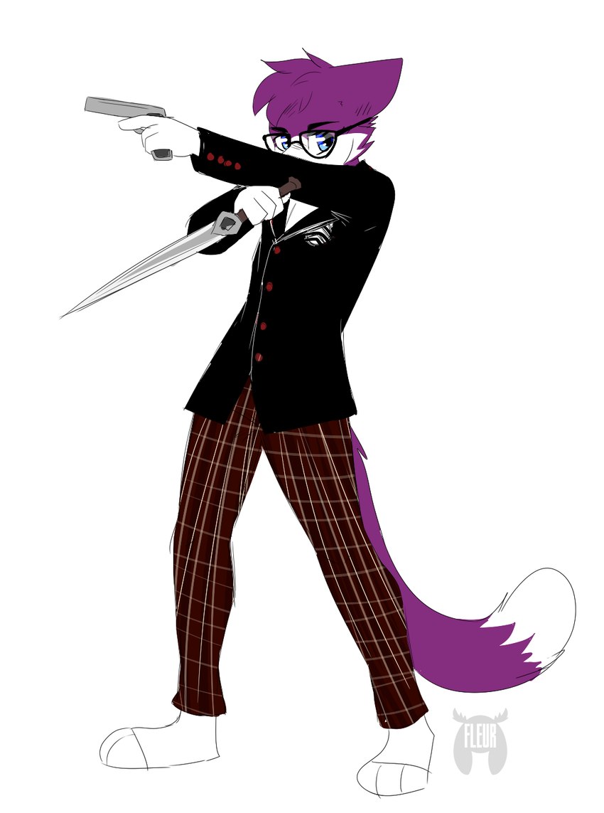 anthro blue_eyes cheek_tuft clothed clothing dagger eyewear facial_tuft fur glasses gun hair male melee_weapon monotone_hair multicolored_body multicolored_fur purple_body purple_ears purple_fur purple_hair purple_tail ranged_weapon simple_background solo tail tuft two_tone_body two_tone_fur two_tone_tail weapon white_body white_fur white_tail fleurfurr atlus megami_tensei megami_tensei_persona persona_(series) persona_5 sega iori_katsumi ren_amamiya domestic_cat felid feline felis mammal 2019 character_request hi_res watermark