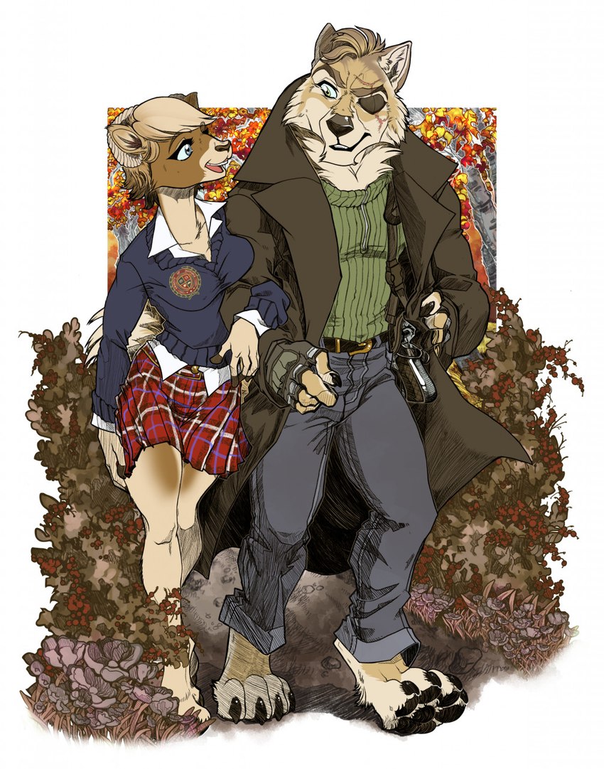 anthro bodyguard bottomwear clothing coat college_student duo eye_patch eye_scar eyewear facial_scar female male male/female overcoat scar school_uniform shoulder_holster skirt standing topwear trenchcoat uniform wrapped_arms cockiestspaniel ashley_rockwell clayton_greymane bighorn_sheep bovid canid canine canis caprine mammal sheep wolf hi_res