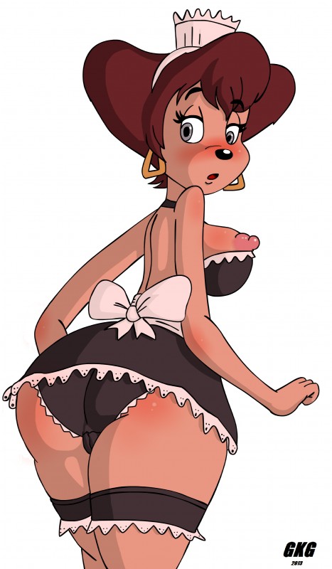 anthro big_breasts blush breasts brown_hair butt camel_toe clothed clothing ear_piercing erect_nipples female hair looking_back maid_uniform mature_anthro mature_female nipples piercing skimpy solo underwear uniform gkg disney goof_troop peg_pete canid canine mammal absurd_res hi_res