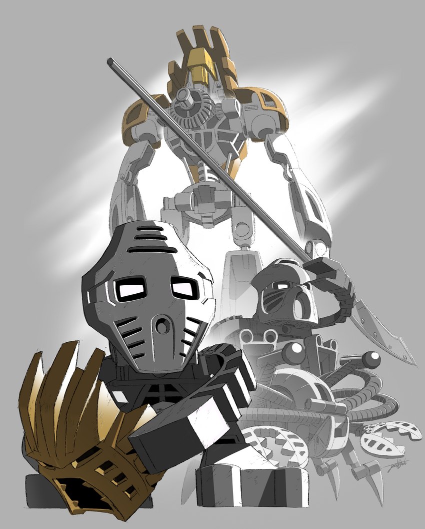 ambiguous_gender armor biped claws feral fingers gold_body grey_background grey_body group holding_object holding_weapon lego_brick machine mask melee_weapon mouthless polearm short simple_background spear standing weapon jeetdoh bionicle lego jaller pewku takanuva takua arthropod crab crustacean decapoda humanoid malacostracan marine matoran rahi robot robot_humanoid toa absurd_res digital_drawing_(artwork) digital_media_(artwork) hi_res monochrome signature