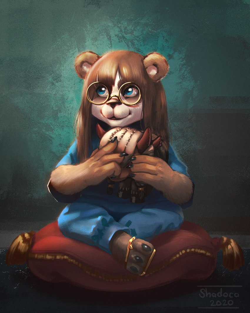 anthro blue_eyes brown_body brown_fur clothing cushion eyewear female fur glasses simple_background solo young young_anthro young_female shadoca blizzard_entertainment warcraft bear mammal pandaren 2020 hi_res