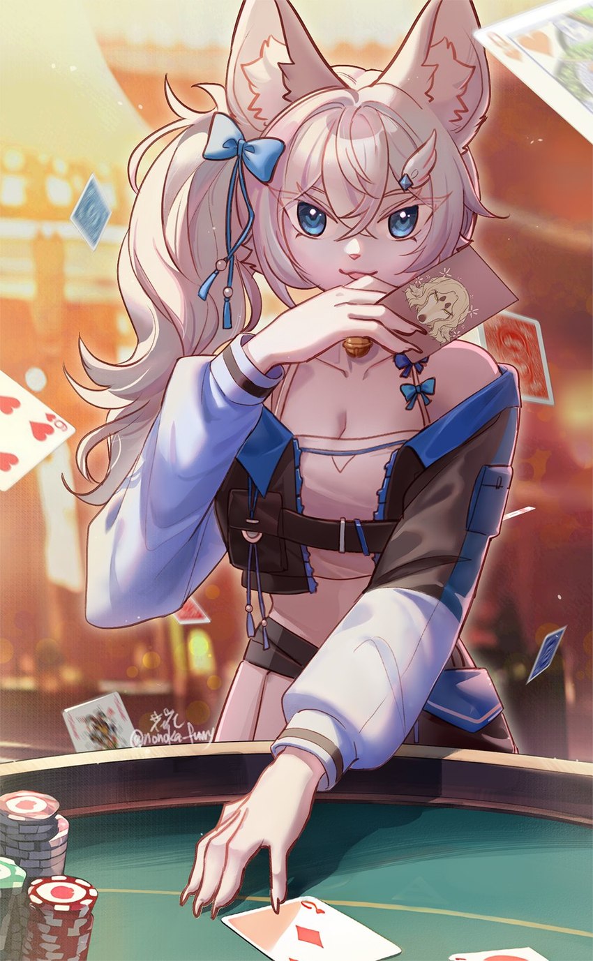 5_fingers accessory alternative_fashion anthro bell blue_eyes blurred_background bottomwear bow_ribbon breasts card cleavage clothed clothing eyebrows eyelashes eyelashes_through_hair female fingers fully_clothed hair hair_accessory hair_bow hair_ribbon inner_ear_fluff j-fashion jacket long_hair looking_at_viewer medium_breasts playing_card poker_chip ribbons shirt skirt smile solo streetwear suit_symbol tank_top topwear translucent translucent_hair tuft white_hair ai_generated_background nonoka917 domestic_cat felid feline felis mammal 2024 artist_name hi_res