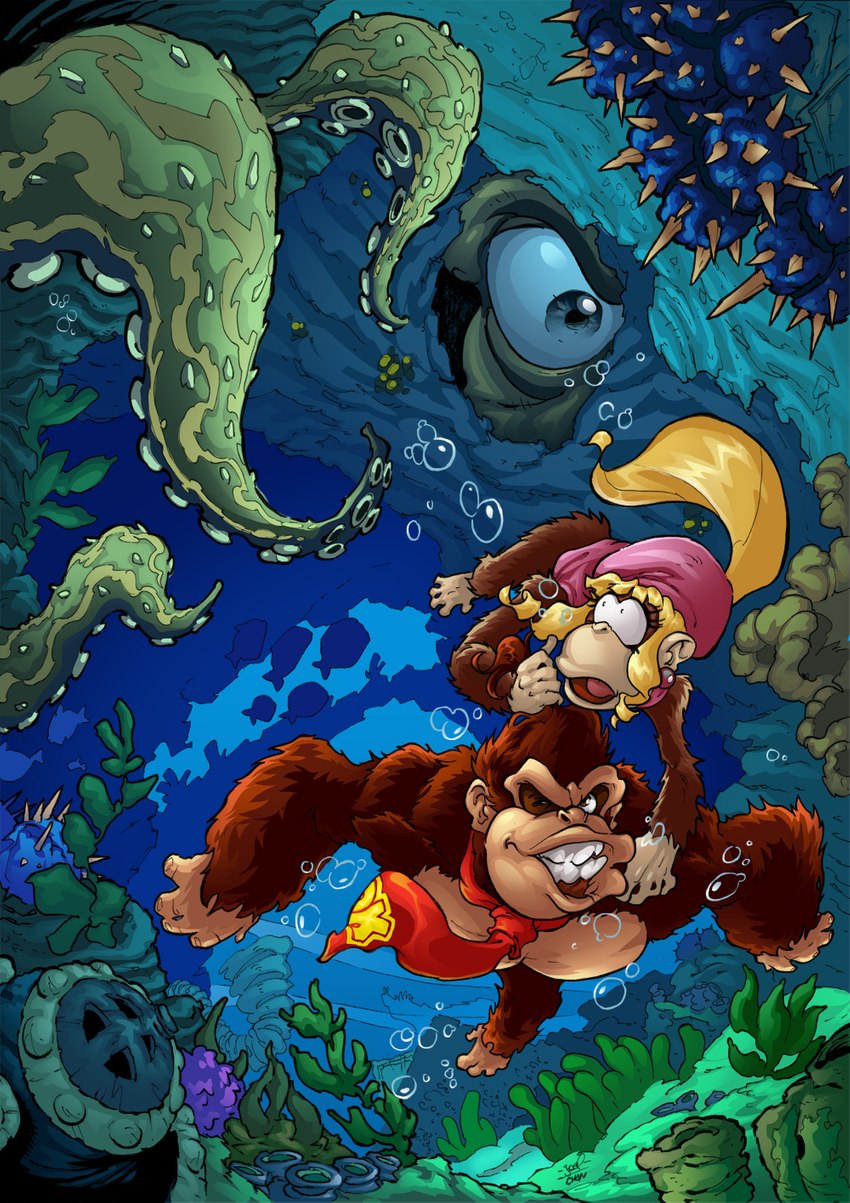 being_watched blonde_hair brown_body brown_fur bubble clothing detailed_background feet fingers fur group hair hat headgear headwear long_hair looking_at_another necktie open_mouth plant ponytail swimming teeth tentacles toes underwater water joelchan donkey_kong_(series) donkey_kong_country_tropical_freeze nintendo dixie_kong donkey_kong_(character) cephalopod coleoid fish haplorhine mammal marine mollusk monkey octopodiform octopus primate hi_res