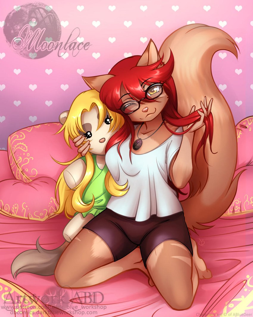 anthro barefoot bed bottomwear breasts brown_body brown_fur claws clothed clothing eyewear feet female fur furniture glasses hair jewelry looking_at_viewer necklace one_eye_closed pillow plantigrade plushie red_hair shorts solo toes wink yellow_eyes abluedeer moon_lace amarissa_(abluedeer) moccha_(abluedeer) domestic_cat felid feline felis mammal 4:5 hi_res