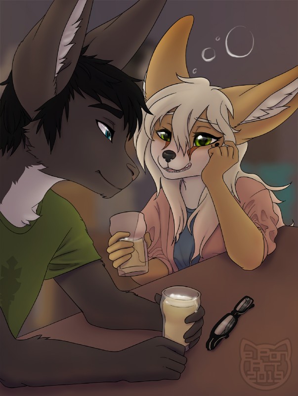 alcohol anthro bar beer beverage breasts clothed clothing drunk duo eyewear female fully_clothed glasses male substance_intoxication e-pon canid canine fennec_fox fox lagomorph leporid mammal rabbit true_fox hi_res