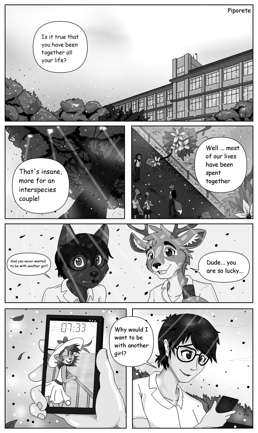 ambiguous_gender anthro cellphone cheesy detailed_background dialogue electronics eyewear female glasses group highschool leaf light male mini_comic phone plant speech_bubble sunlight text tree young young_anthro piporete hiro_(piporete) jin_yorushika keiko_sakmat taiki_(piporete) canid canine canis deer felid feline human lion mammal pantherine wolf absurd_res black_and_white comic english_text hi_res monochrome right_to_left