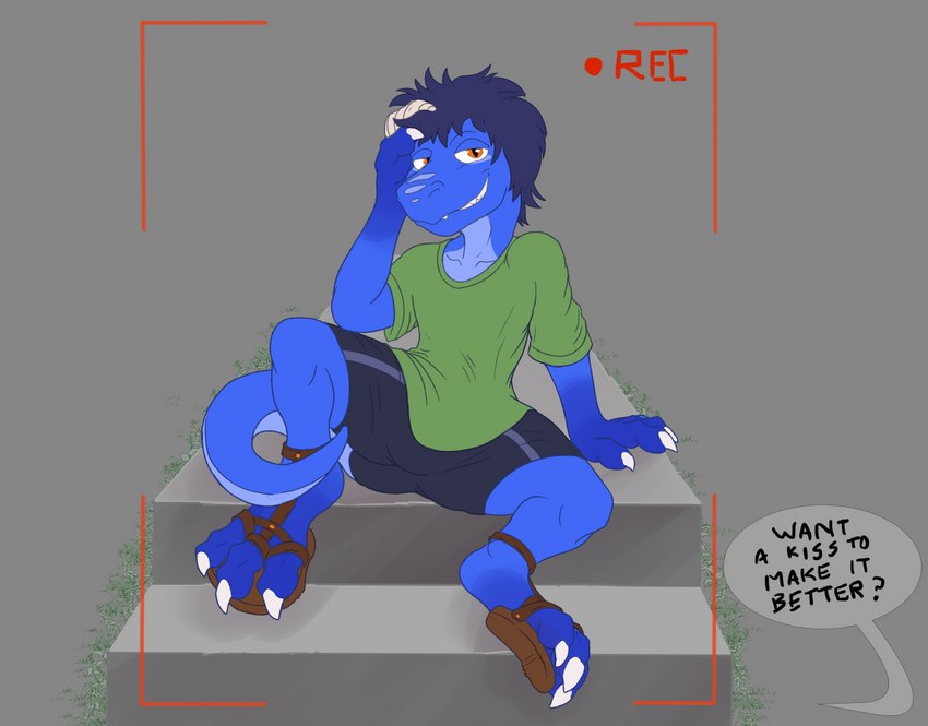 anthro bottomwear clothing digitigrade footwear male reticle sandals shirt shoes shorts sitting solo speech_bubble stairs tail text thick_tail topwear kulbara kyrio_the_raptor_(kyrio) dinosaur dromaeosaurid prehistoric_species reptile scalie theropod english_text