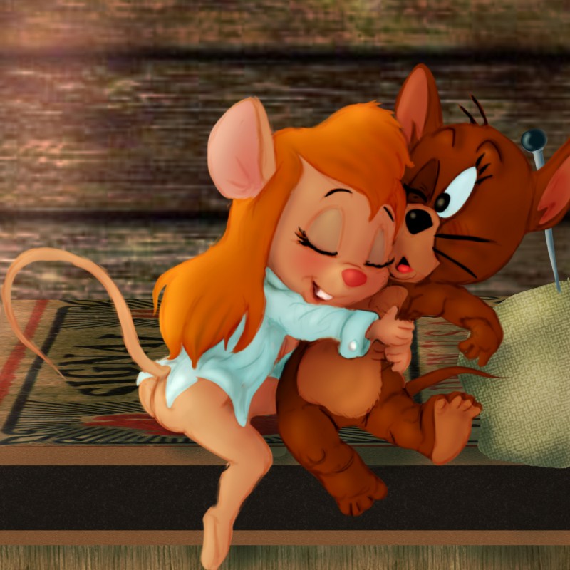 anthro bed blonde_hair bottomless breasts clothed clothing duo facial_hair female furniture hair hug long_hair male nightshirt nipples partially_clothed surprise funimal mousetache chip_'n_dale_rescue_rangers disney metro-goldwyn-mayer tom_and_jerry gadget_hackwrench jerry_mouse mammal mouse murid murine rodent 1:1 2019 crossover hi_res