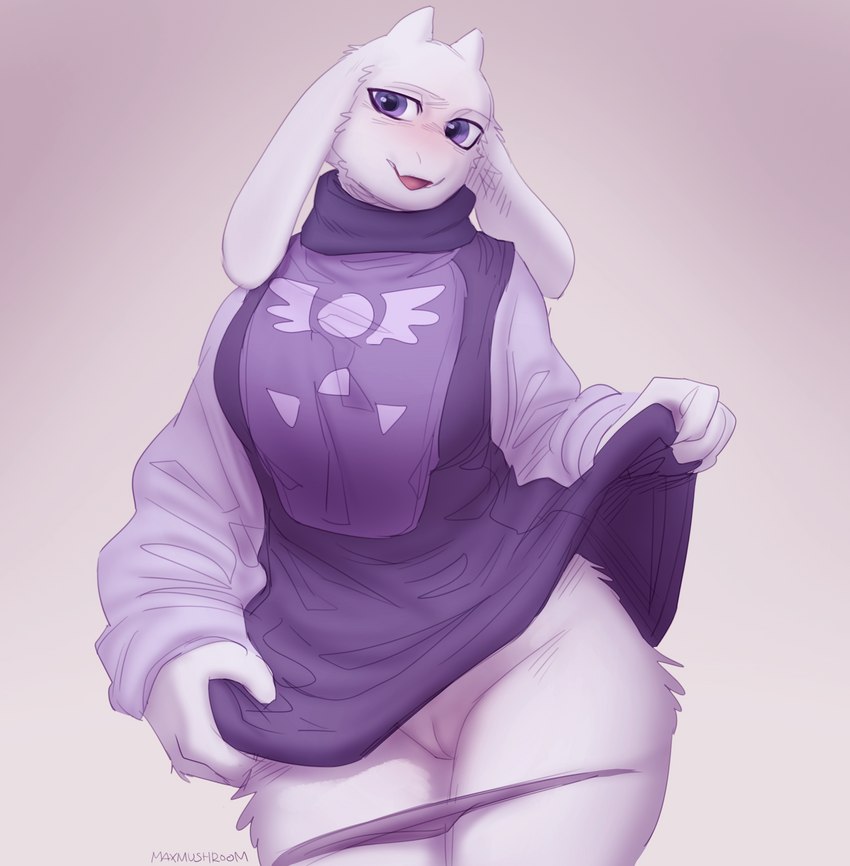 anthro clothed clothing clothing_lift dress dress_lift female front_view fur genitals horn long_ears looking_at_viewer panties panties_down partially_clothed purple_eyes pussy simple_background solo standing underwear underwear_down white_background white_body white_fur maxmushroom undertale undertale_(series) toriel boss_monster_(undertale) bovid caprine mammal 2022 absurd_res hi_res portrait three-quarter_portrait