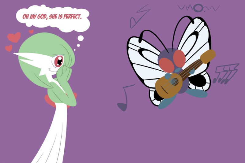 dialogue duo female female/female green_hair hair heart_symbol insect_wings lute musical_instrument musical_note musical_symbol playing_music plucked_string_instrument purple_background red_eyes simple_background slim string_instrument symbol text thought_bubble ukulele wings mikaila_turkleson nintendo pokemon g_(madhouse) arthropod butterfree gardevoir generation_1_pokemon generation_3_pokemon insect pokemon_(species) 2019 english_text lineless