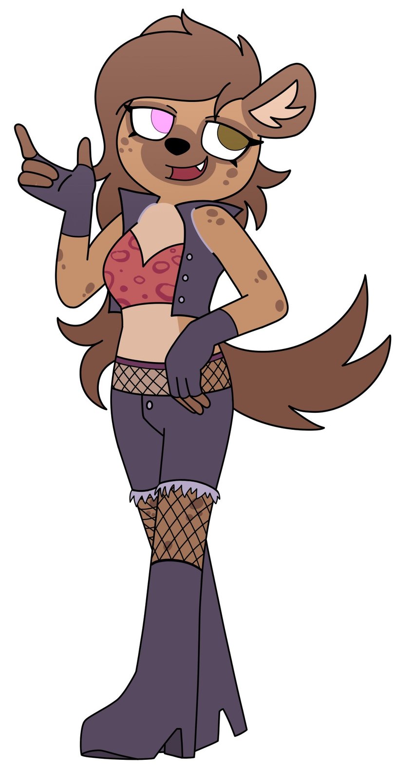 anthro boots bottomwear clothing female fishnet_clothing footwear gloves handwear high_heeled_boots high_heels jacket shoes shorts solo topwear beatlinked aggretsuko sanrio helena_(bonk6) hyena mammal spotted_hyena digital_media_(artwork) hi_res