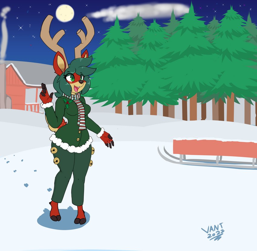 anthro antlers bell bottomwear cabin clothing countershading female fur green_bottomwear green_clothing green_eyes green_hair green_jacket green_pants green_topwear hair holidays holly_(plant) hooves horn jacket moon night pants plant red_body red_fur scarf sled snow solo star tan_body tan_countershading topwear tree winter vant_talon christmas carrie_(sprucy) deer mammal new_world_deer reindeer absurd_res hi_res