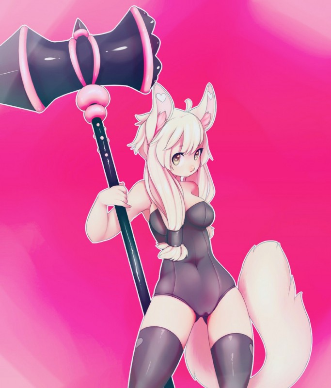 anthro biped breasts camel_toe cleavage clothed clothing female fur hammer heart_eyes heart_symbol inner_ear_fluff legwear pink_background pink_body pink_fur simple_background solo standing tools tuft weapon zamzi biju_(chocoteenie) canid canine fox mammal digital_media_(artwork) hi_res portrait three-quarter_portrait