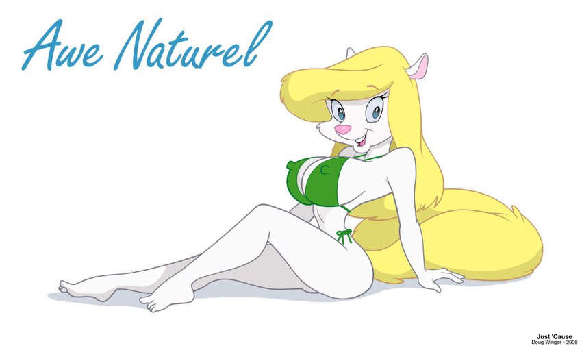 anthro big_breasts bikini blonde_hair breasts clothing female fluffy fluffy_tail fur green_bikini green_clothing green_swimwear hair long_hair nipple_outline open_mouth side_view skinny_female smile solo string_bikini swimwear tail text two-piece_swimsuit white_body white_fur yellow_tail doug_winger animaniacs warner_brothers minerva_mink mammal mink mustelid musteline rodent true_musteline 2008