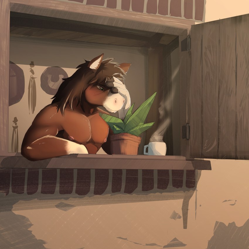 anthro beverage brown_body brown_fur brown_hair coffee fur green_eyes hair male multicolored_body multicolored_fur plant solo tired two_tone_body two_tone_fur window dakkawoof equid equine horse mammal 1:1 2024 absurd_res hi_res