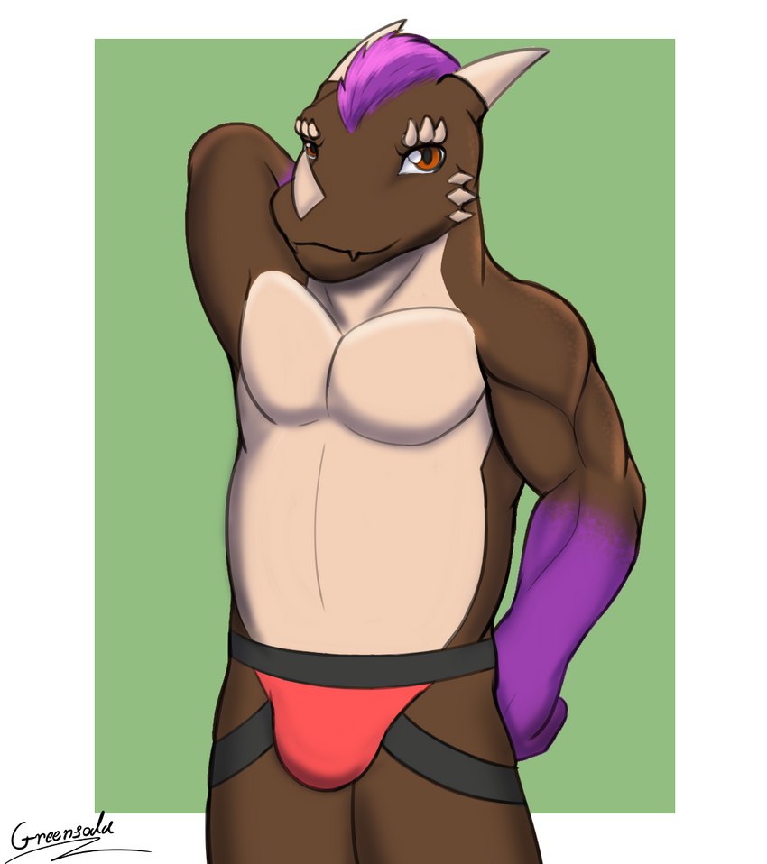 anthro brown_body bulge clothed clothing hair horn jockstrap male orange_eyes purple_hair simple_background slightly_chubby slightly_chubby_anthro slightly_chubby_male solo topless underwear greensodafennec mythology dragon mythological_creature mythological_scalie scalie digital_media_(artwork) hi_res