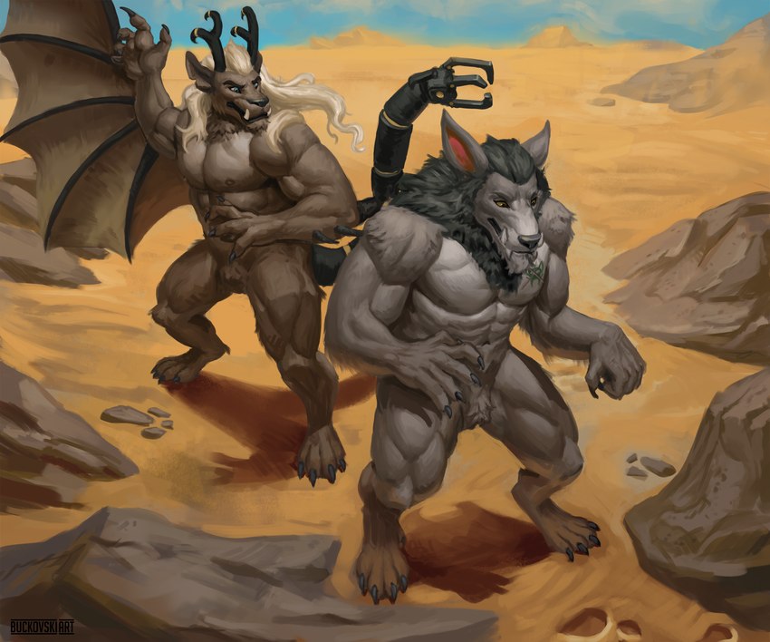 anthro assassin assassination beard black_hair blue_eyes brown_body brown_eyes brown_fur claws desert duo facial_hair fur grey_body grey_fur hair horn male male/male mechanical_tail muscular outside paws rock sky sneaking sneaky tail teeth wings buckovskiart blizzard_entertainment mythology warcraft canid canine canis dragon mammal mythological_creature mythological_scalie scalie werecanid werecreature wolf worgen 6:5 absurd_res hi_res