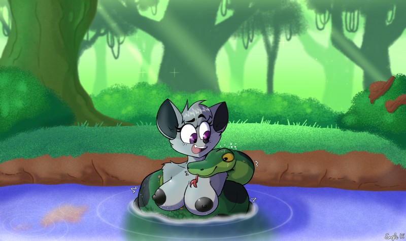 anthro bath bathing big_breasts breasts coiling detailed_background duo female feral forest fur jungle male nipples nude open_mouth outside partially_submerged plant smile tongue tongue_out tree water wet outletdraws chloe_(iamaneagle) anaconda boa_(snake) boinae canid canine canis mammal reptile scalie snake wolf 2018 digital_media_(artwork) hi_res