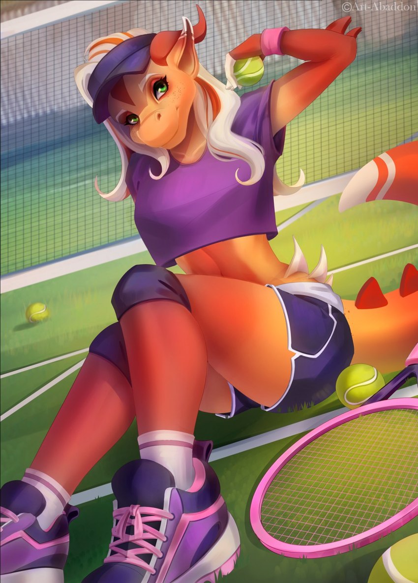 anthro ball blonde_hair bottomwear clothed clothing dolphin_shorts eyelashes female footwear green_eyes hair hat headgear headwear looking_at_viewer multicolored_hair net orange_body orange_hair orange_scales outside scales shirt shoes shorts sneakers solo sport tail tennis_ball tennis_court tennis_net tennis_racket topwear two_tone_hair art-abaddon mythology hazel_punkin dragon mythological_creature mythological_scalie scalie 2021 digital_media_(artwork) digital_painting_(artwork) hi_res shaded