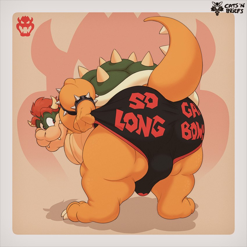 anthro belly bent_over briefs butt clothing erection erection_under_clothing hair horn male overweight presenting presenting_hindquarters red_hair shell smile solo spiked_shell spikes spikes_(anatomy) tenting underwear catsnbriefs cedamuc1 oiruse mario_bros nintendo bowser koopa scalie 1:1 hi_res