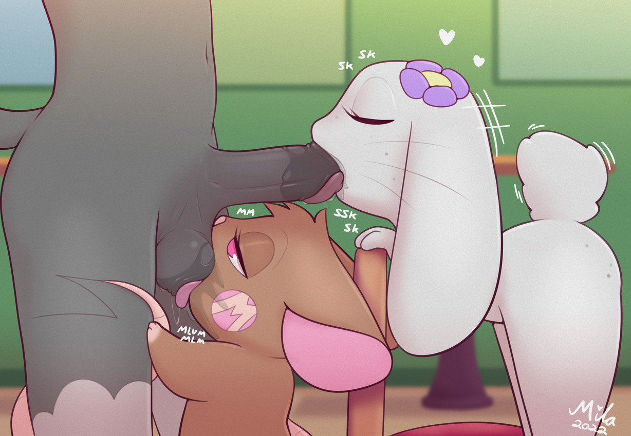 accessory anthro ball_lick ball_suck ball_worship balls big_ears blush bodily_fluids body_worship brown_body brown_fur cafe collaborative collaborative_fellatio collaborative_oral collaborative_sex duo_focus eyes_closed faceless_character faceless_male fellatio female feral ffm flower flower_in_hair freckles fur genital_worship genitals group group_sex hair hair_accessory half-closed_eyes head_tuft heart_symbol humanoid_genitalia humanoid_penis larger_male licking long_tail male male/female narrowed_eyes oral oral_penetration penetration penile penis plant public public_nudity public_sex saliva scut_tail semi-anthro sex short_tail shortstack size_difference smaller_female sucking tail tail_around_leg text threesome tongue tongue_out tongue_out_fellatio trio tuft whiskers white_body white_fur young young_anthro young_female milachu92 buttons_(milachu92) lantha milachu domestic_cat felid feline felis house_mouse lagomorph leporid mammal mouse murid murine rabbit rodent absurd_res hi_res adult_(lore)