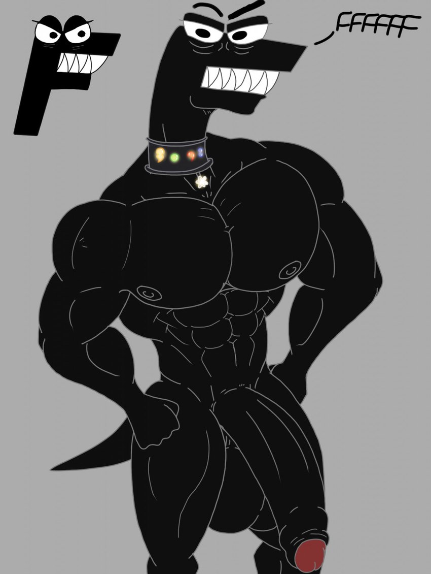 abs alphabet anthro anthrofied big_penis black_body black_skin clothed clothing genitals huge_penis hyper hyper_genitalia hyper_penis looking_at_viewer male muscular muscular_male not_furry nude pecs penis pokemon_speak reference_image sharp_teeth simple_background solo teeth text rougetenjoname alphabet_(mike_salcedo) f_(mike_salcedo) humanoid scalie 2022 colored_sketch digital_media_(artwork) hi_res sketch