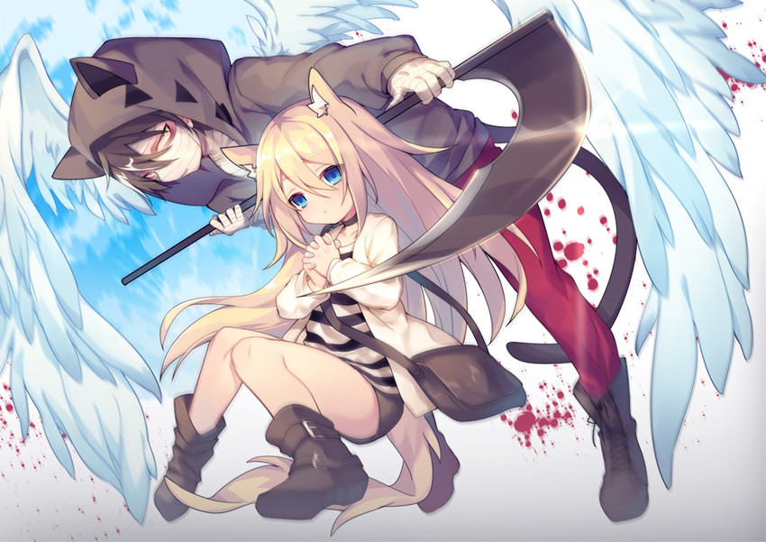 alternate_species bandage black_body blonde_hair blue_eyes boots clothed clothing duo female footwear hair hands_together holding_object holding_weapon hoodie inner_ear_fluff long_hair male melee_weapon polearm scythe shoes tan_body topwear tuft weapon wings aosuneo satsuriku_no_tenshi isaac_foster rachel_gardner animal_humanoid cat_humanoid felid felid_humanoid feline feline_humanoid humanoid mammal mammal_humanoid winged_humanoid