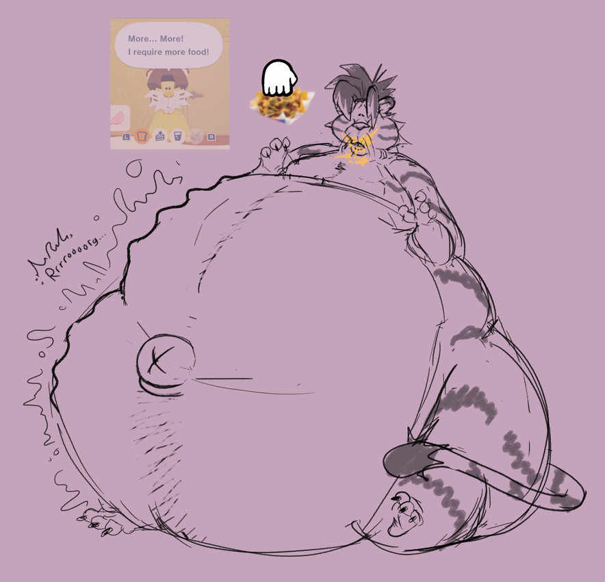 accessory anthro belly big_belly claws dialogue food_stains fur hair hair_accessory hairband huge_belly male morbidly_obese morbidly_obese_anthro morbidly_obese_male navel nude obese obese_anthro obese_male open_mouth outie_navel overweight overweight_anthro overweight_male rumbling_stomach sitting solo sound_effects speech_bubble stain tail text whiskers scudmum tomodachi_life maz_(scudmum) felid mammal pantherine tiger 2026 hi_res