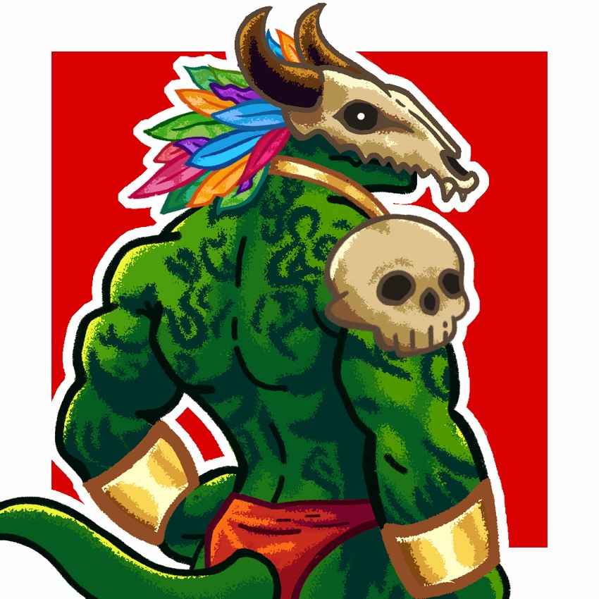 anthro back_tattoo big_muscles biped black_sclera clothed clothing green_body looking_at_viewer male mask muscular muscular_anthro muscular_male rear_view skull_mask solo tattoo tribal underwear underwear_only white_eyes miniatureleviathan mythology terraria witch_doctor_(terraria) lihzahrd lizard reptile scalie 1:1 2023