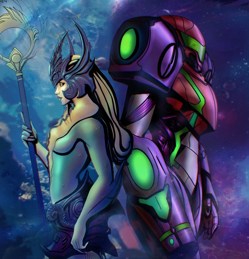 armor crown duo female female/female full_armor headgear machine poster power_armor split_form miseriaeametdolor league_of_legends metroid metroid_dread nintendo riot_games tencent nami_(lol) samus_aran marine merfolk absurd_res hi_res