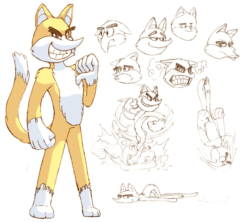 5_fingers anthro barefoot biped feet fingers frown fur male smile standing white_body white_fur yellow_body yellow_fur almyriganhero frebbventure frebb domestic_cat felid feline felis mammal 2018 official_art