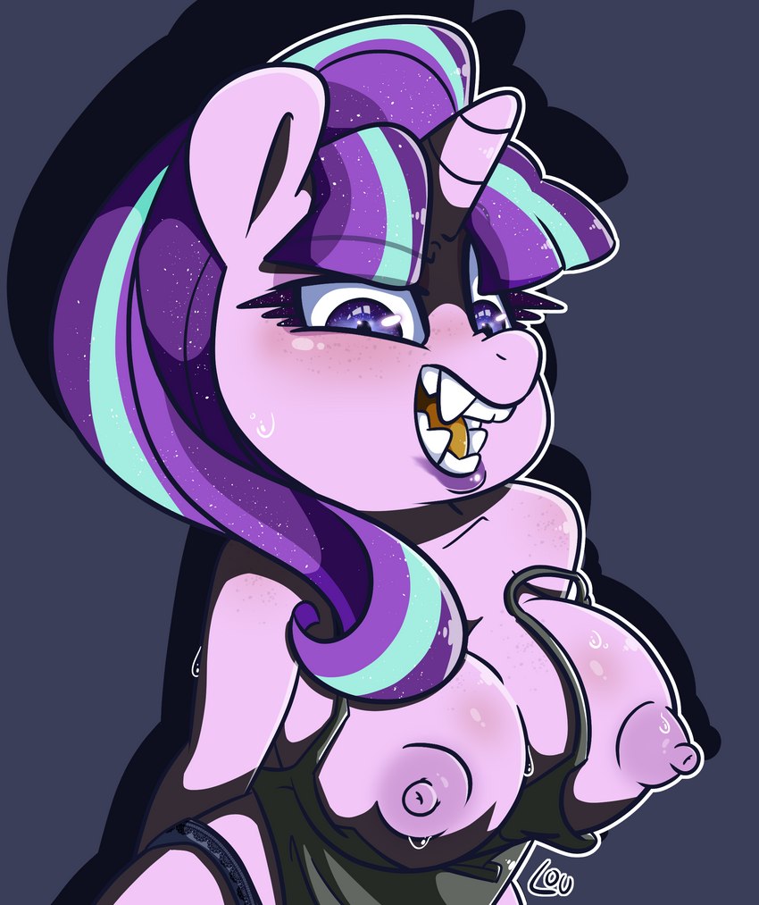 anthro anthrofied big_breasts blush bodily_fluids breasts fangs female hair horn nipples purple_hair solo sweat teeth louvely friendship_is_magic hasbro my_little_pony mythology starlight_glimmer_(mlp) equid equine mammal mythological_creature mythological_equine unicorn absurd_res hi_res